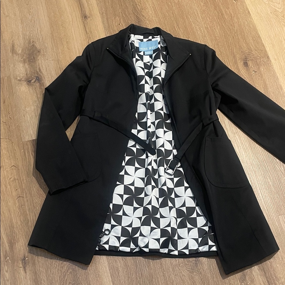 Nine West Black Belted Zip-Front Coat, Size Medium